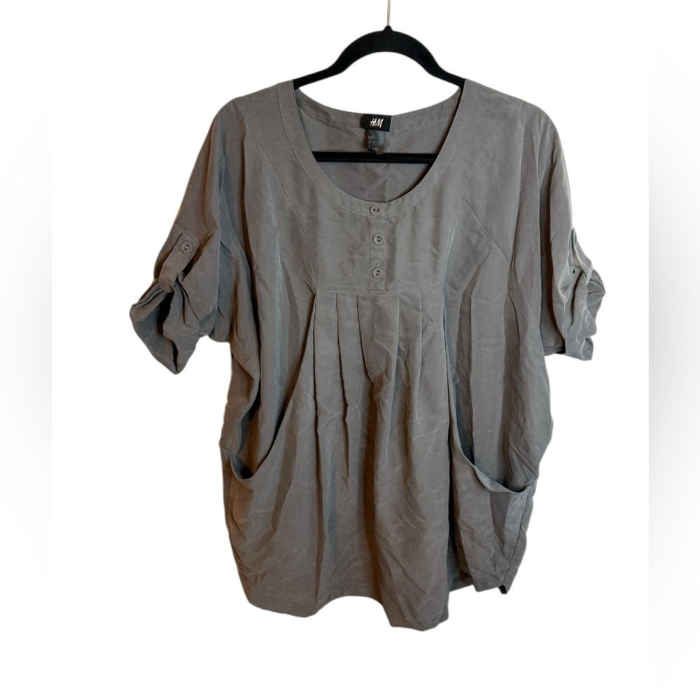 H&M Taupe Pleated Oversized Y2K Babydoll Tunic Top
